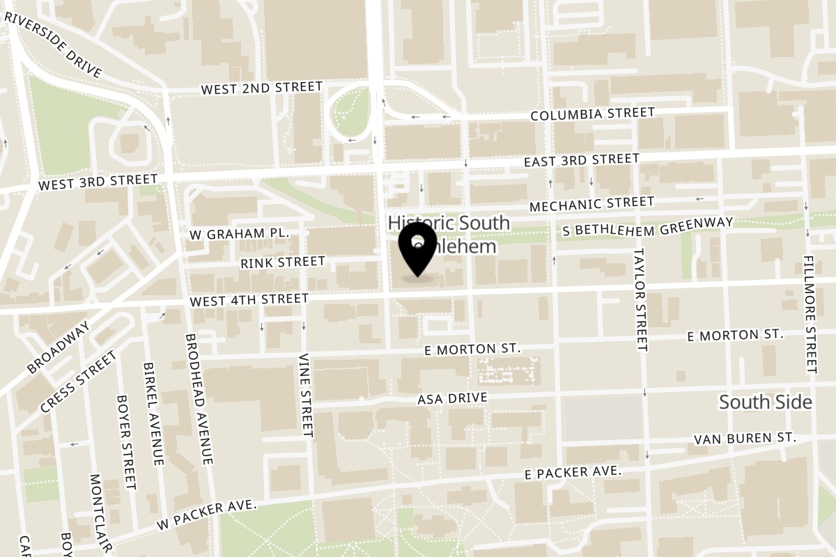 Map showing the location of Nawab Indian Restaurant on 13 E 4th St in Bethlehem
